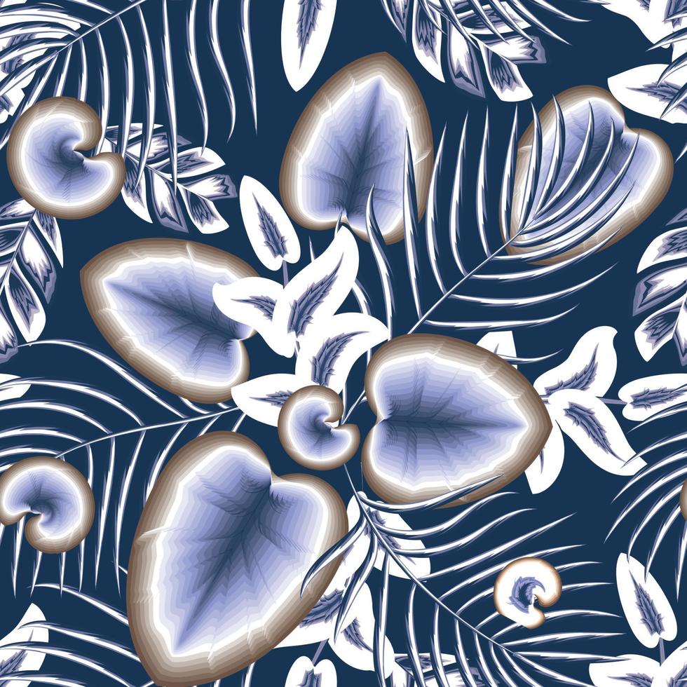 motif abstrait vintage sans couture avec calla tropical bleu laisse palmier et plantes sur fond bleu foncé. conception de vecteur. imprimé jungle. fond fleuri. impression et textile. tropique exotique. le printemps vecteur