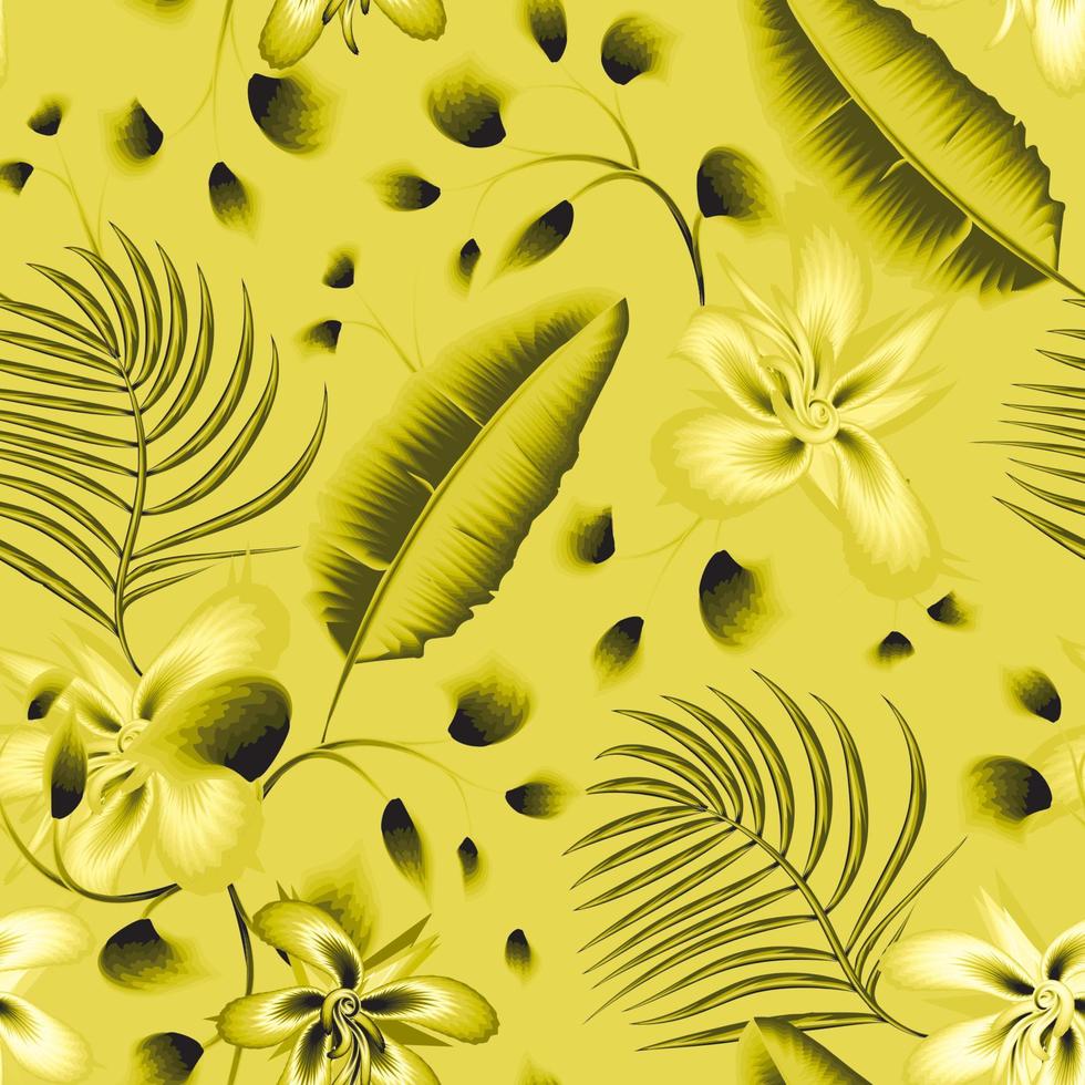 feuilles de palmier de banane tropicales vertes motif sans couture à la mode avec plante de fleur d'hibiscus abstraite monochromatique jaune et feuillage sur fond pastel. texture d'impression. conception d'été. décor d'automne vecteur