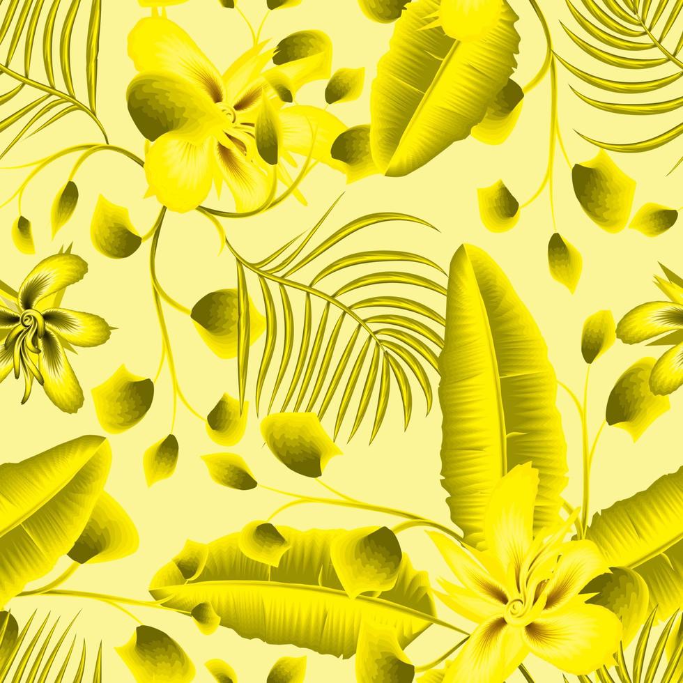 la banane tropicale élégante monochromatique de couleur verte laisse des plantes avec des fleurs abstraites et un motif sans couture de feuillage de palmier sur fond pastel. conception de vecteur. texture à la mode. été exotique vecteur