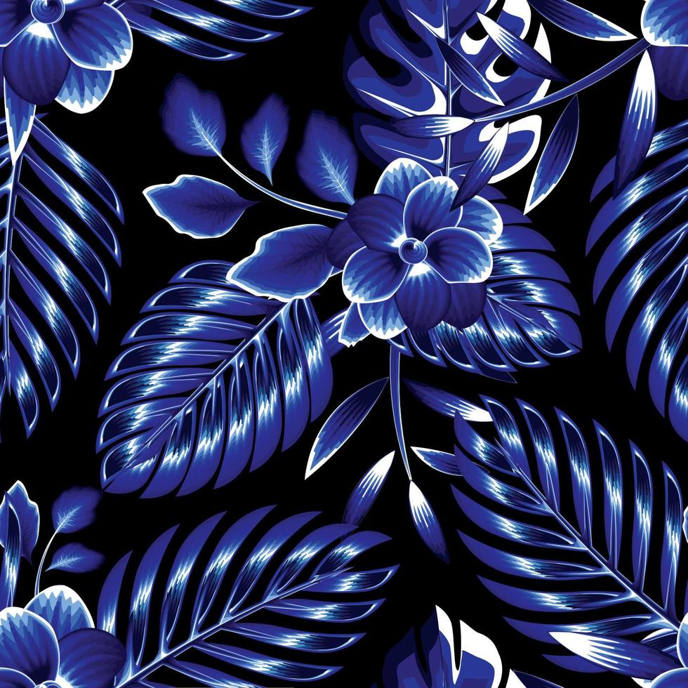 la couleur bleue brille sur le noir dans un style monochromatique avec de belles plantes à motifs de feuilles de palmier tropical harmonieux et des fleurs de feuillage dessinant sur fond de nuit. fond fleuri. impression d'été de plage vecteur