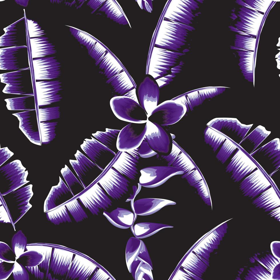 modèle sans couture abstrait de nuit avec des feuilles de bananier tropical monochromatique violet et des fleurs de plantes sur fond sombre. conception de vecteur. imprimé jungle. fond fleuri. impression et textile. exotique vecteur