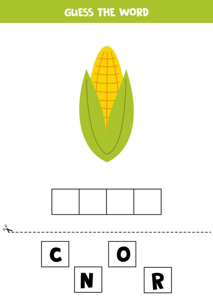 jeu d'orthographe pour les enfants d'âge préscolaire. maïs de dessin animé. vecteur