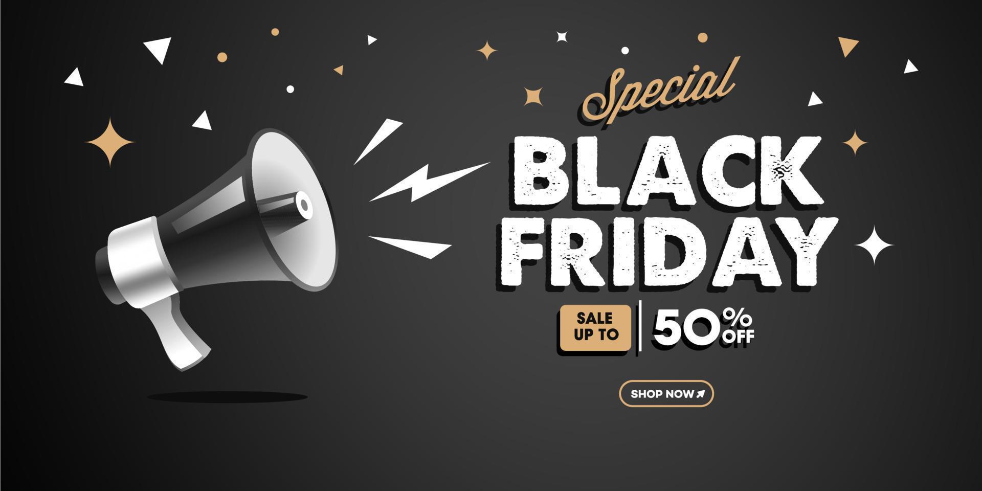 bannière de vente vendredi noir avec vecteur 3d réaliste de mégaphone noir. conception de modèle de bannière de vente du vendredi noir pour les médias sociaux et le site Web jusqu'à 50% de réduction