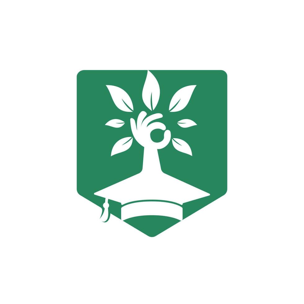 concept de logo d'assurance et de soutien à l'éducation. chapeau de graduation et logo d'icône d'arbre à main. vecteur