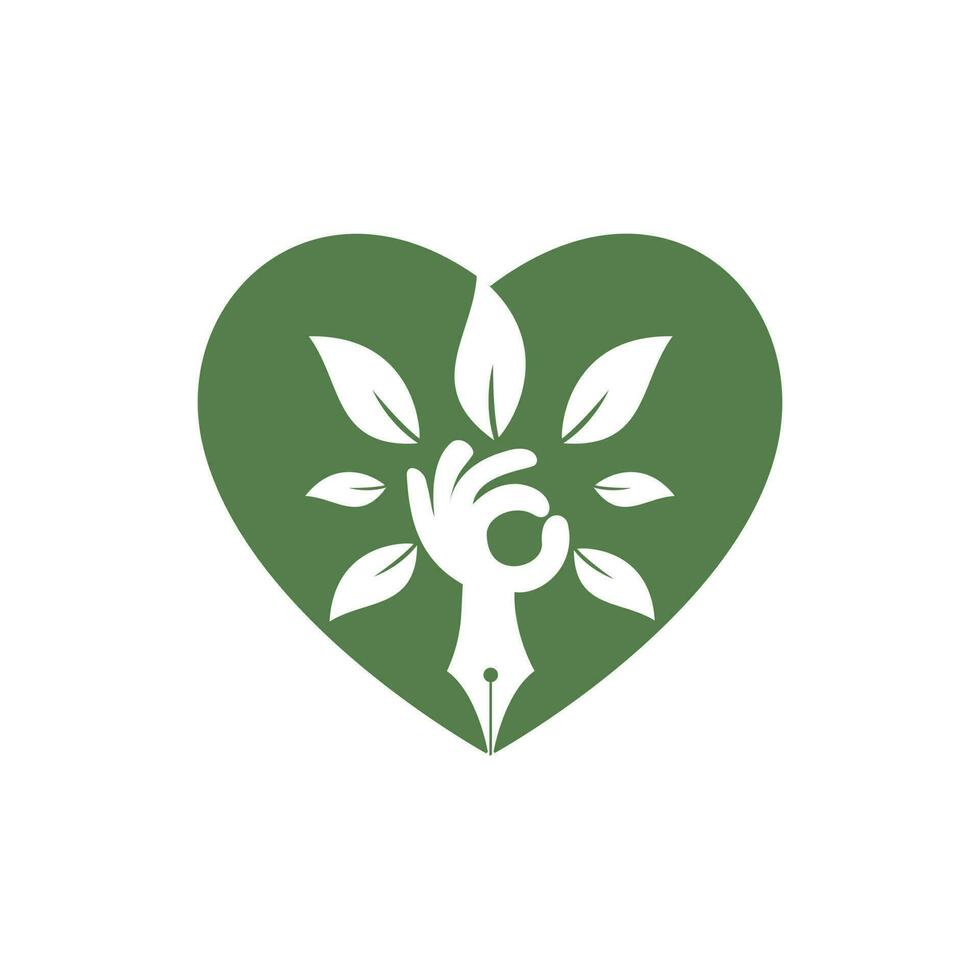 concept de logo d'assurance et de soutien à l'éducation. stylo et arbre à main avec logo icône en forme de coeur. vecteur