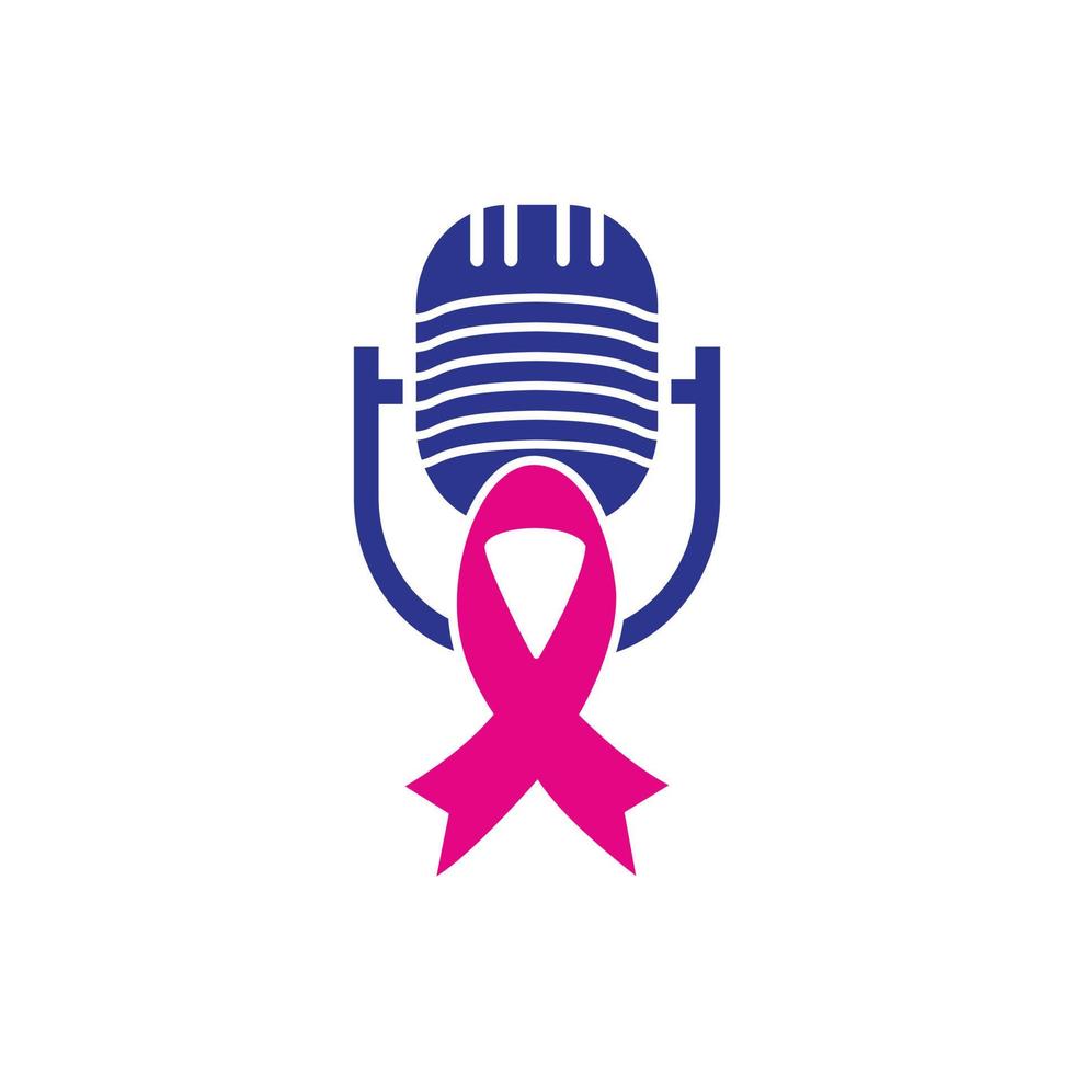 concept de logo d'icône de podcast de sensibilisation au cancer du sein. ruban rose et logo d'icône de podcast. vecteur