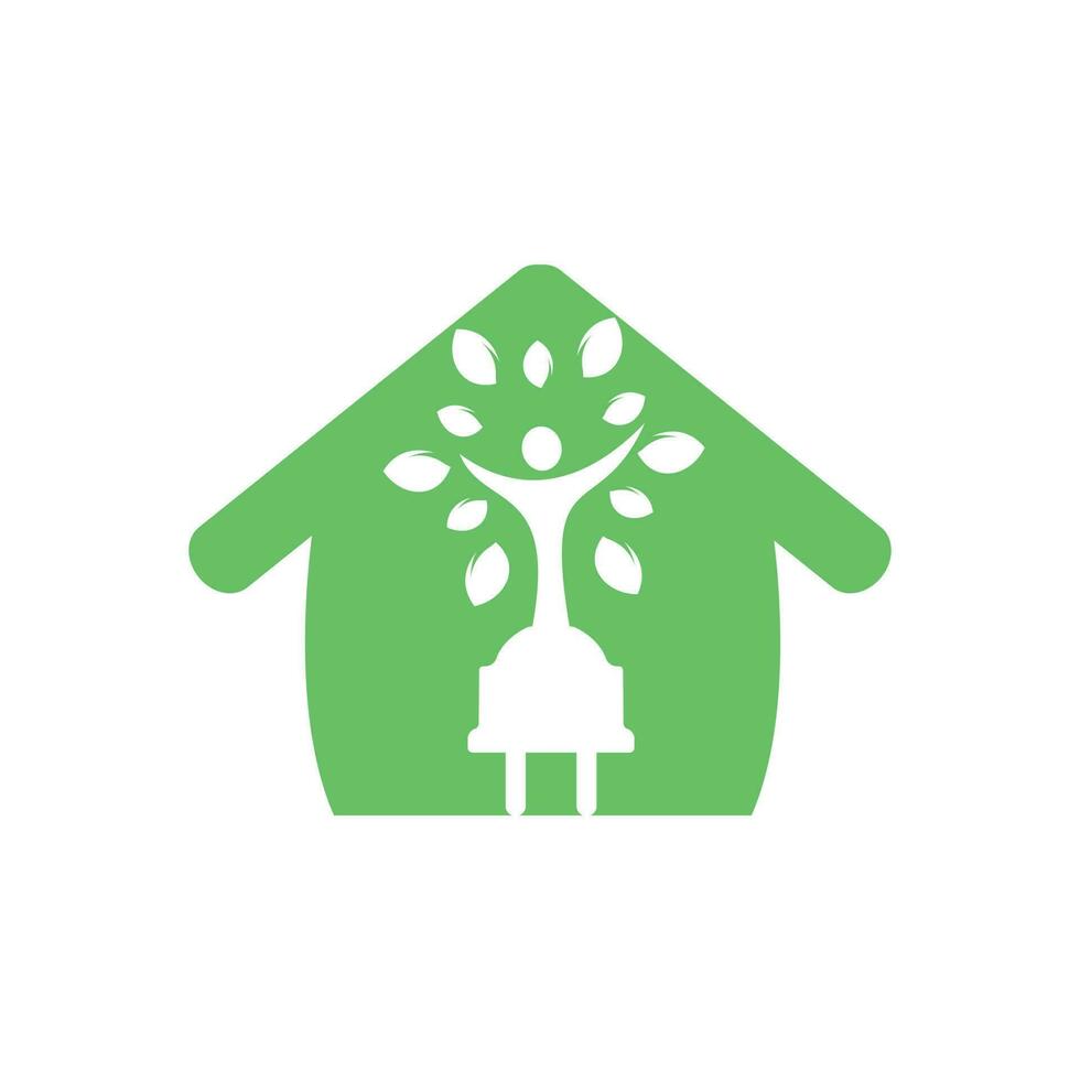 cordon électrique et arbre humain avec création de logo vectoriel maison. concept de logo d'électricité d'énergie verte.