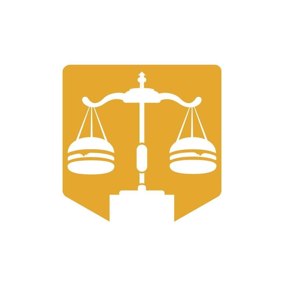 modèle de conception de logo vectoriel de droit alimentaire. balance des lois et conception d'icônes de hamburger.