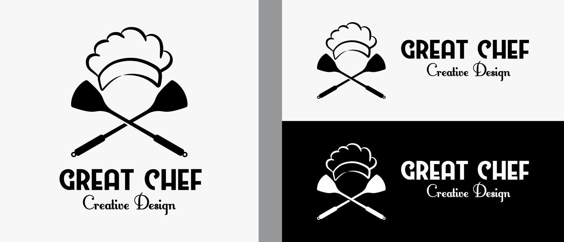 chapeau de chef et modèle de conception de logo d'ustensile de friture dans un concept créatif. illustration de logo vectoriel haut de gamme