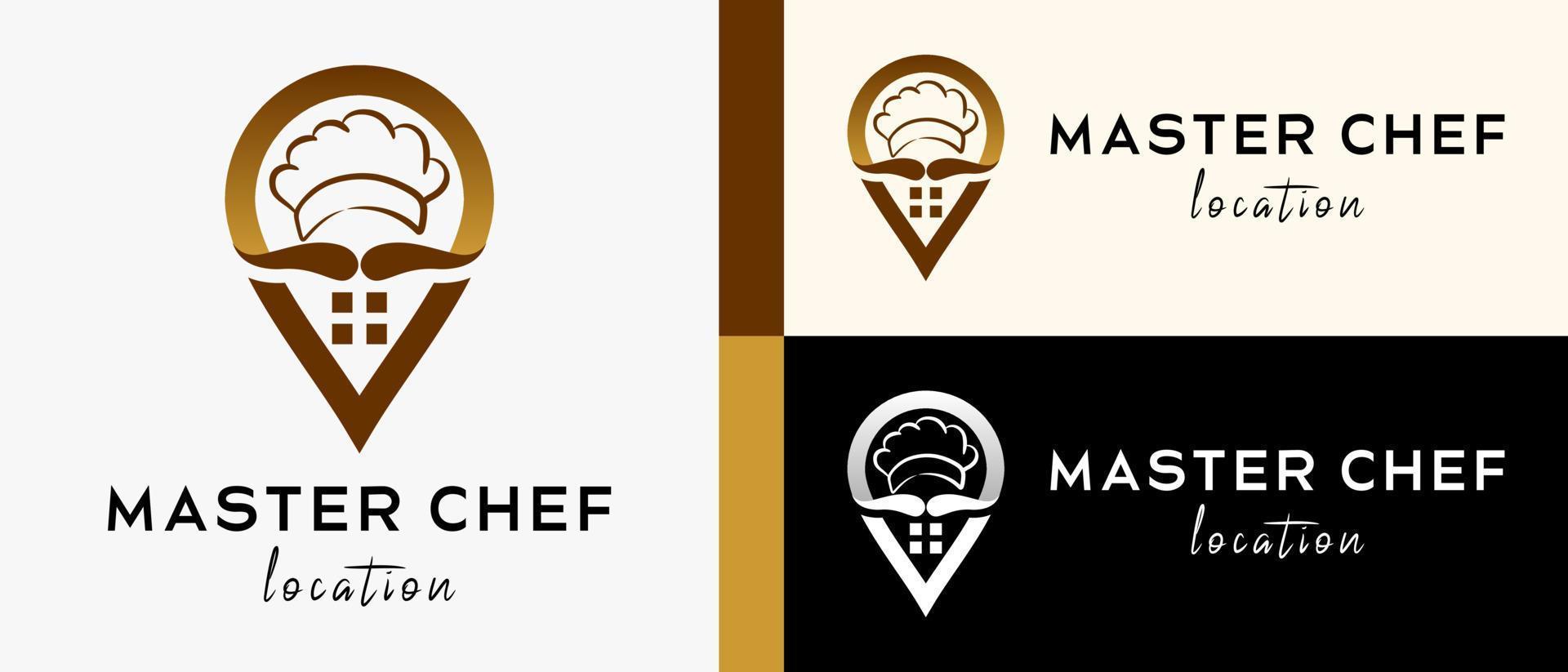 modèle de conception de logo de localisation de restaurant avec concept créatif de chapeau de chef et moustache en icône de broche. carte ou emplacement icône illustration vectorielle, vecteur premium