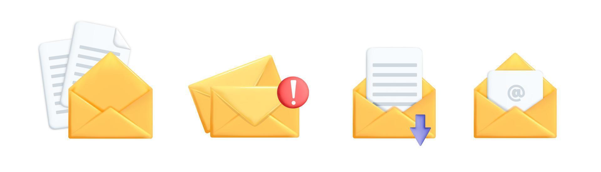 Ensemble de vecteurs réalistes 3d de conception d'icônes d'enveloppe de courrier électronique jaune vecteur