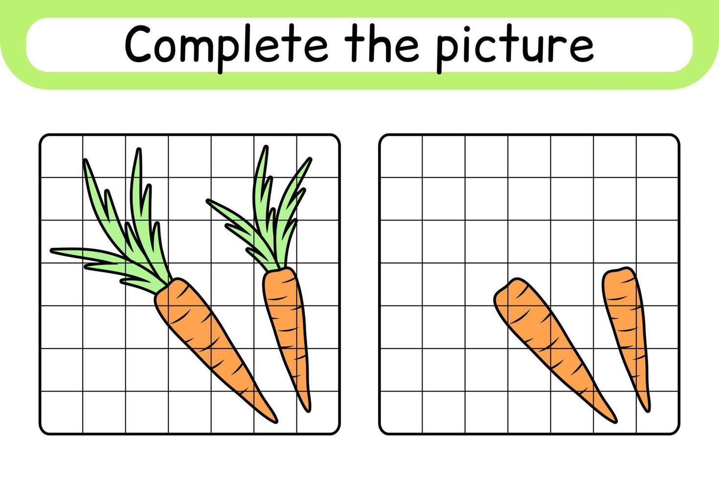 compléter l'image carotte. copier l'image et la couleur. terminer l'image. livre de coloriage. jeu d'exercices de dessin éducatif pour les enfants vecteur