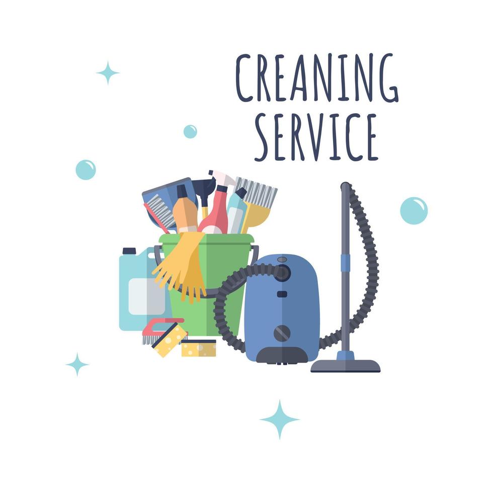 concept de service de nettoyage. modèle d'affiche pour les services de nettoyage de maison avec des outils de nettoyage. vecteur