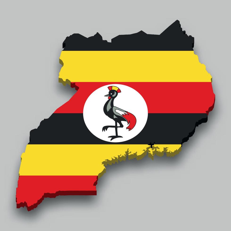Carte isométrique 3d de l'ouganda avec drapeau national. vecteur