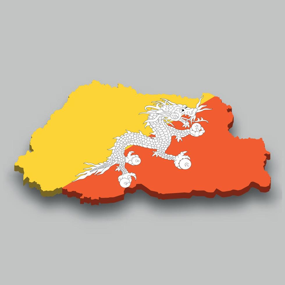 Carte isométrique 3d du bhoutan avec drapeau national. vecteur