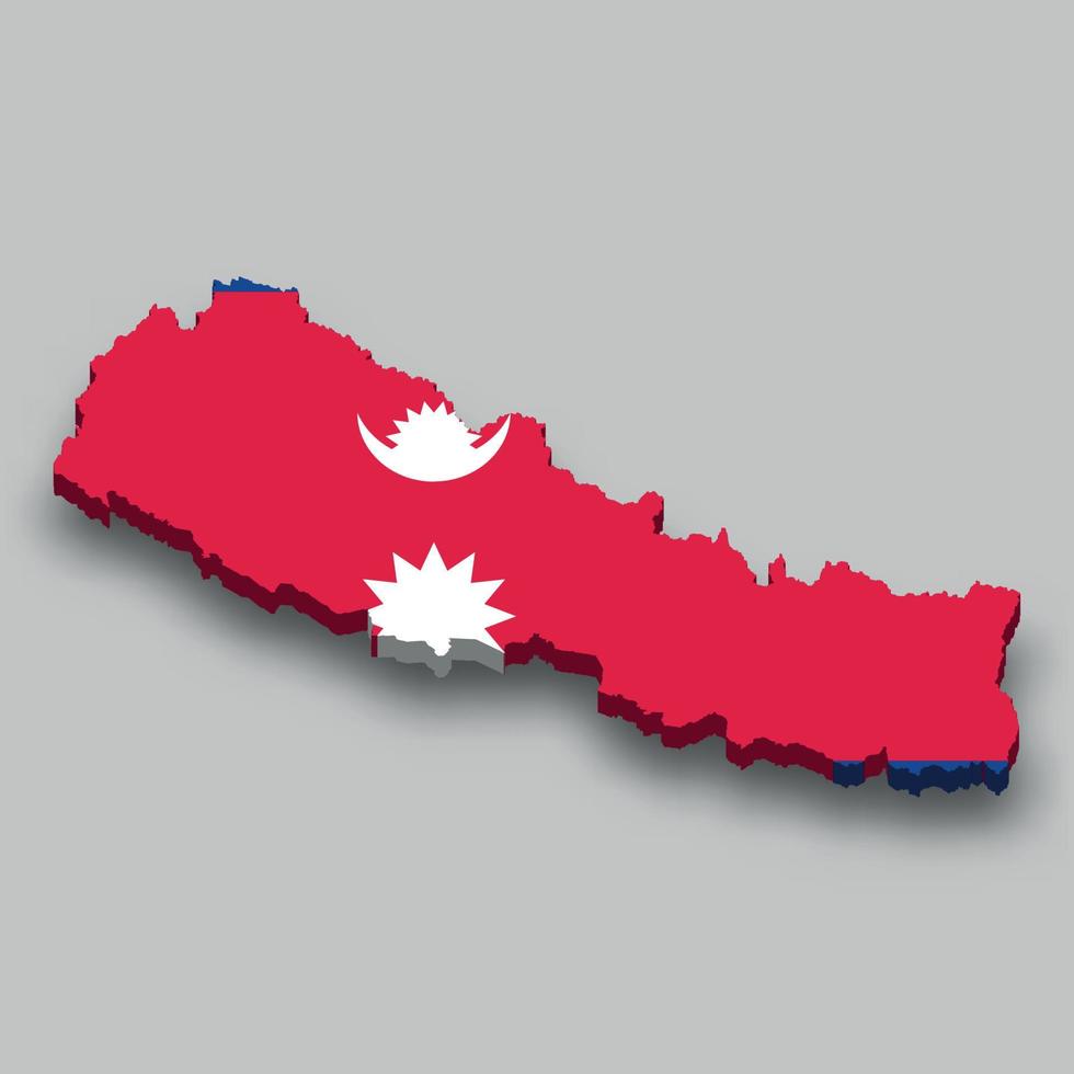 Carte isométrique 3D du Népal avec drapeau national. vecteur