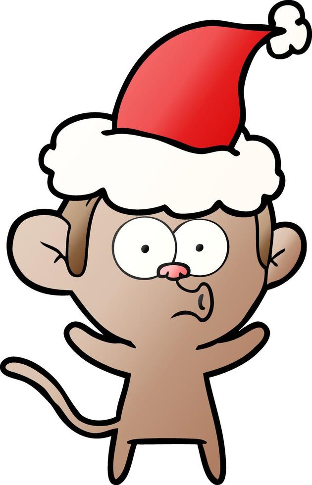 dessin animé dégradé d'un singe surpris portant un bonnet de noel vecteur