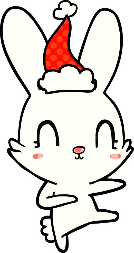 jolie illustration de style bande dessinée d'un lapin dansant portant un bonnet de noel vecteur