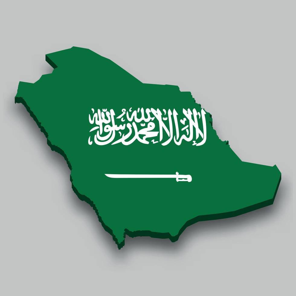 Carte isométrique 3d de l'arabie saoudite avec drapeau national. vecteur