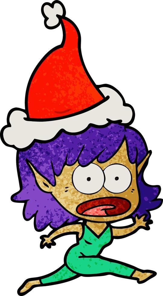 dessin animé texturé d'une fille elfe choquée portant un bonnet de noel vecteur