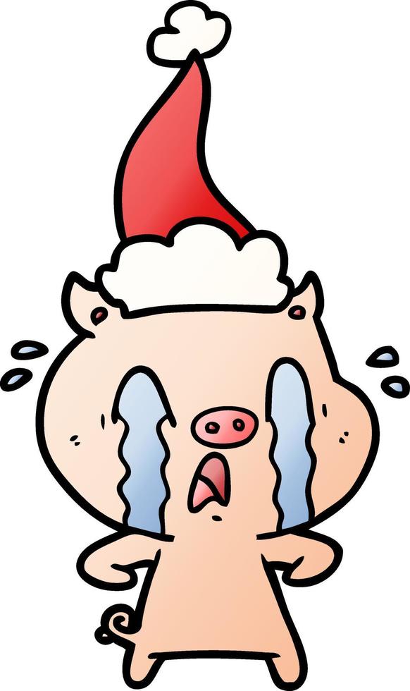 dessin animé dégradé de cochon qui pleure d'un bonnet de noel vecteur