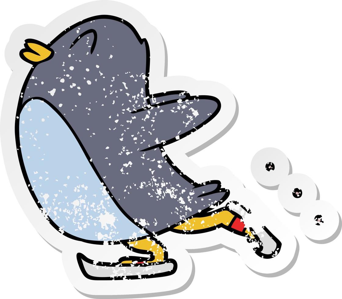 autocollant en détresse d'un patin à glace de pingouin de dessin animé vecteur