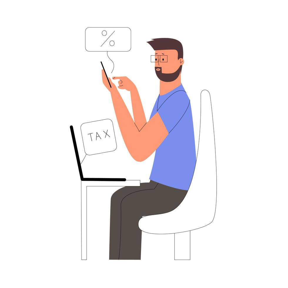 concept de taxe numérique. un homme compte un pourcentage sur une calculatrice. illustration vectorielle vecteur