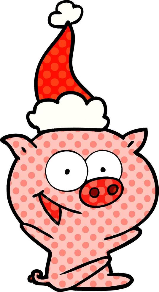 Joyeux cochon assis style bande dessinée illustration d'un bonnet de noel vecteur