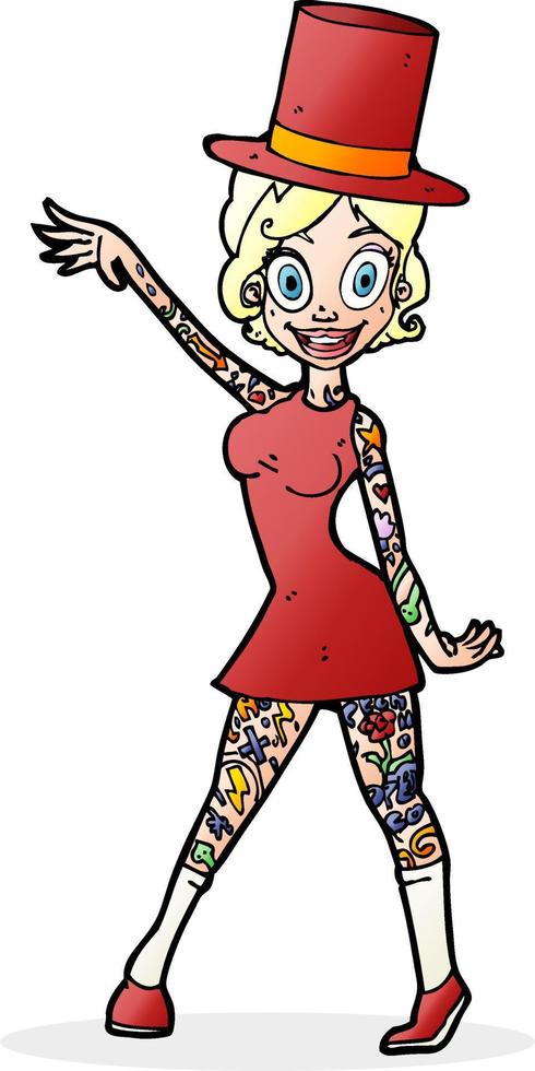 femme de bande dessinée avec des tatouages portant un chapeau haut de forme vecteur