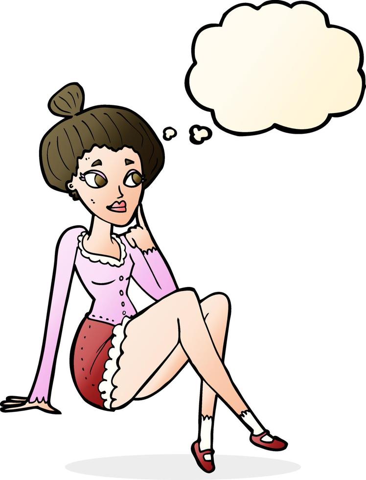 dessin animé jolie femme assise pensant avec bulle de pensée vecteur