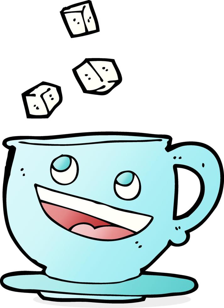 morceaux de sucre de dessin animé tombant dans une tasse de thé vecteur