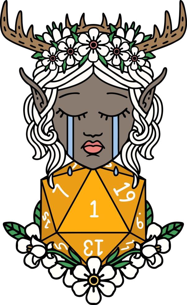style de tatouage rétro visage de personnage de druide elfe qui pleure avec un rouleau naturel d20 vecteur