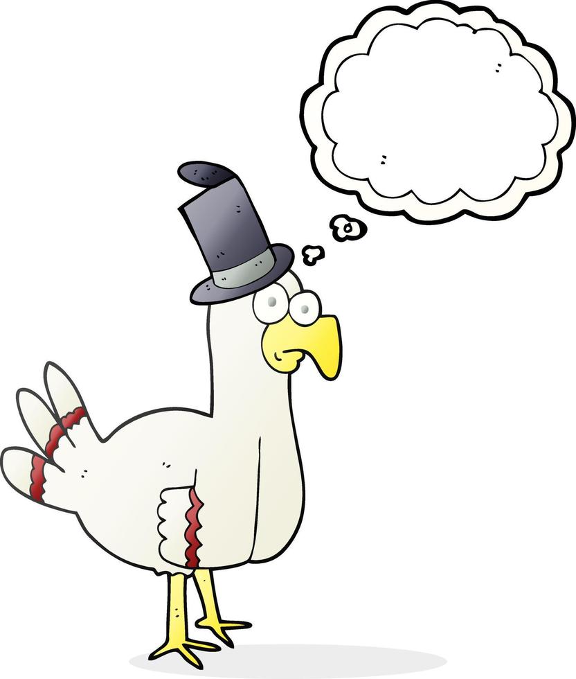 Freehand pensée dessinée bulle dessin animé oiseau portant chapeau haut de forme vecteur