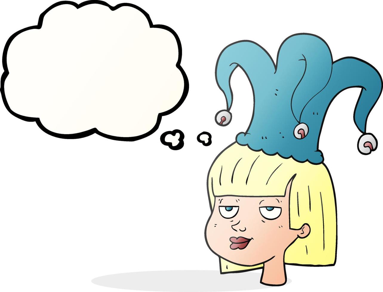Freehand pensée dessinée bulle dessin animé visage féminin avec bouffon hat vecteur