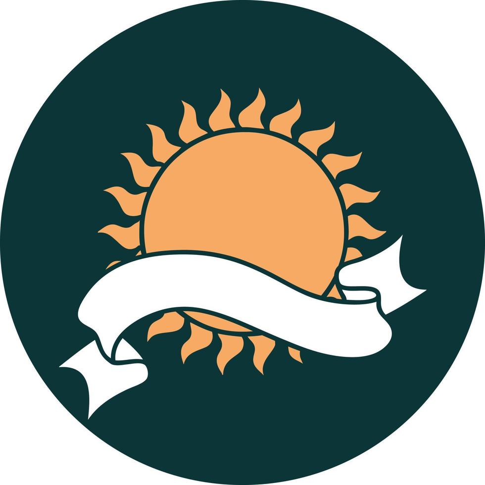 icône de style tatouage avec bannière d'un soleil vecteur