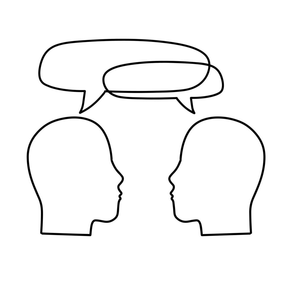dialogue entre les personnes. tracer les têtes des personnages. la communication et la conversation. deux hommes parlent. nuage de bulles. illustration de contour vecteur