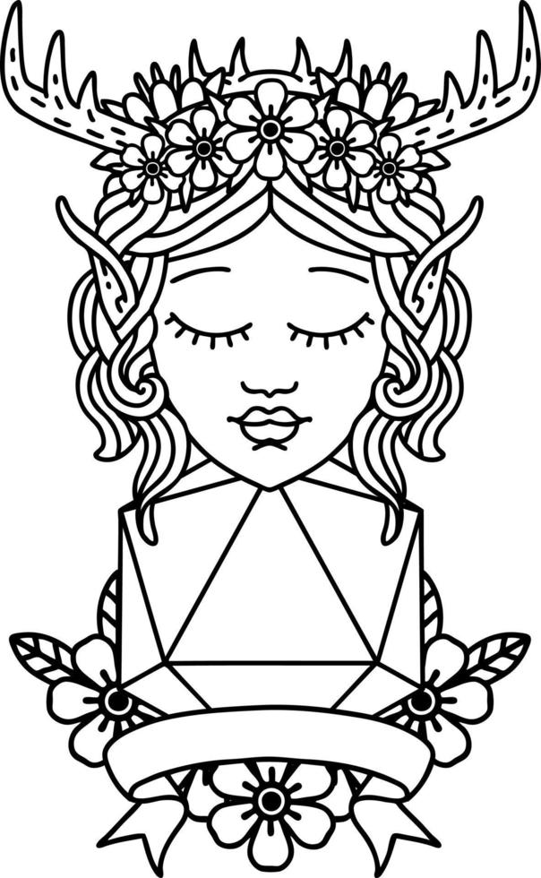 personnage de druide elfe de style tatouage noir et blanc avec un rouleau de 20 dés naturel vecteur