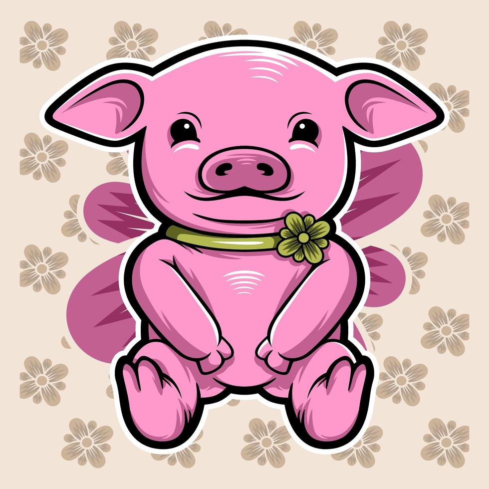 mignon cochon rose sur fond floral vecteur