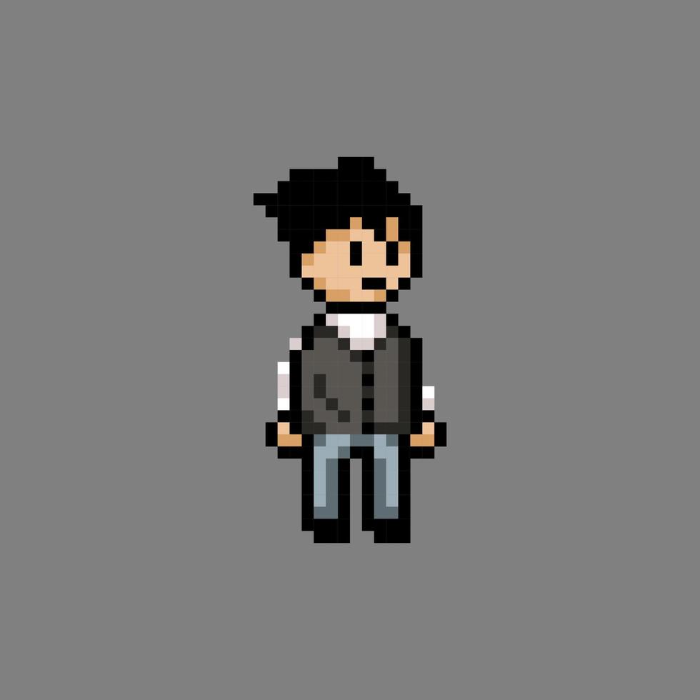 style pixel art, ancien style de jeux vidéo, style rétro 18 bits cheveux noirs garçon avec vecteur uniforme scolaire