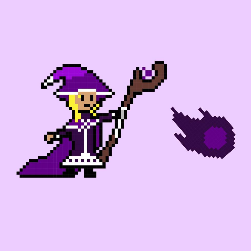 style pixel art, ancien style de jeux vidéo, mage noir 18 bits de style rétro avec vecteur de boule sombre