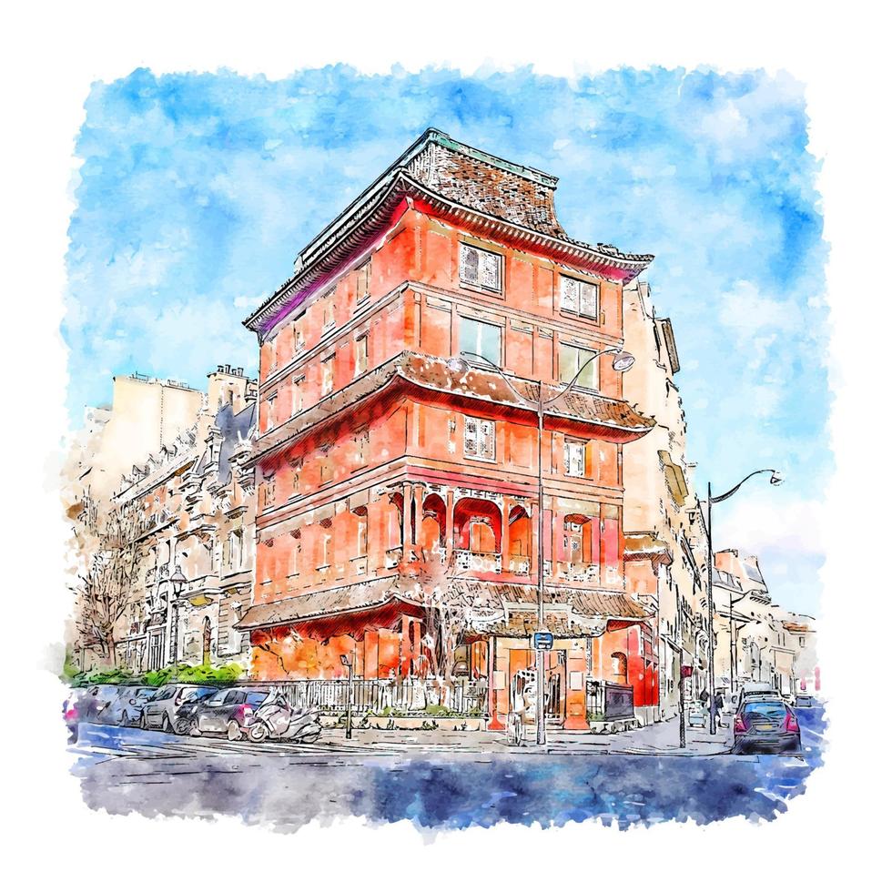 pagode paris france croquis aquarelle illustration dessinée à la main vecteur