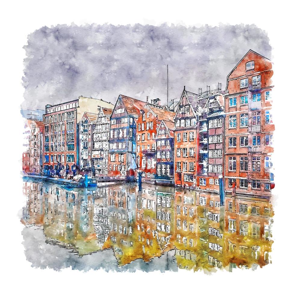 nikolaifleet hambourg allemagne croquis aquarelle illustration dessinée à la main vecteur