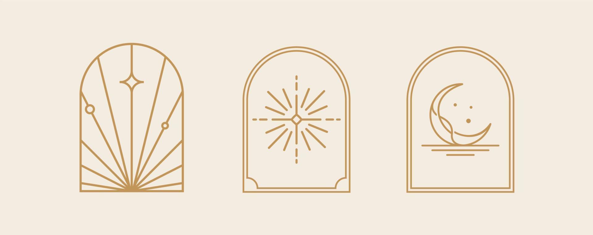art de logo de ligne bohème, icônes et symboles, soleil et lune, éléments de conception abstraite géométrique de conception de fenêtre en arc pour la décoration vecteur