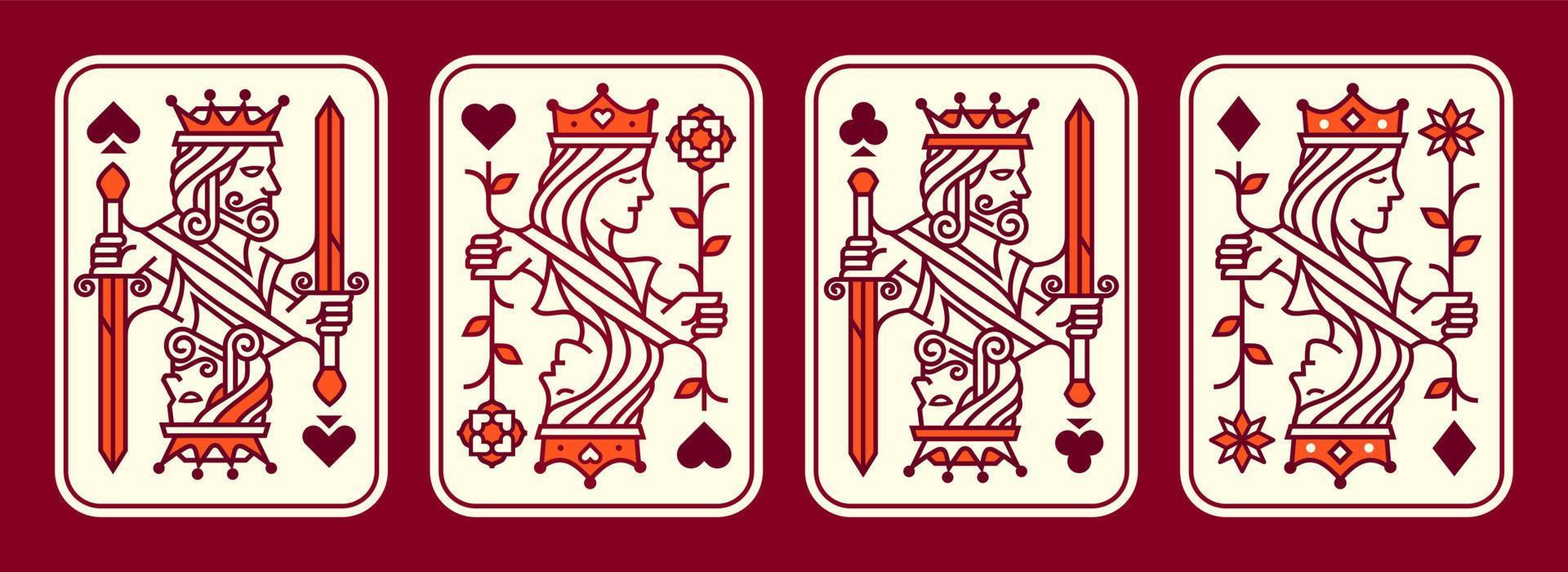 ensemble d'illustrations vectorielles de cartes à jouer roi et reine ensemble de coeurs, bêche, diamant et club, collection de conception de cartes royales vecteur