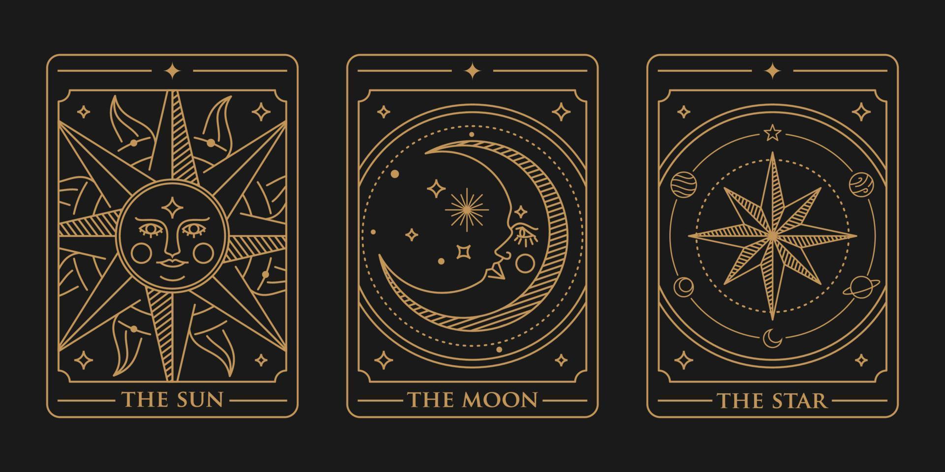 illustration du jeu de cartes de jeu de tarot. le soleil, la lune et le vecteur de carte de tarot d'or étoile. carte de tarot mystique vintage soleil, lune et étoile dans un style d'art en ligne ornemental