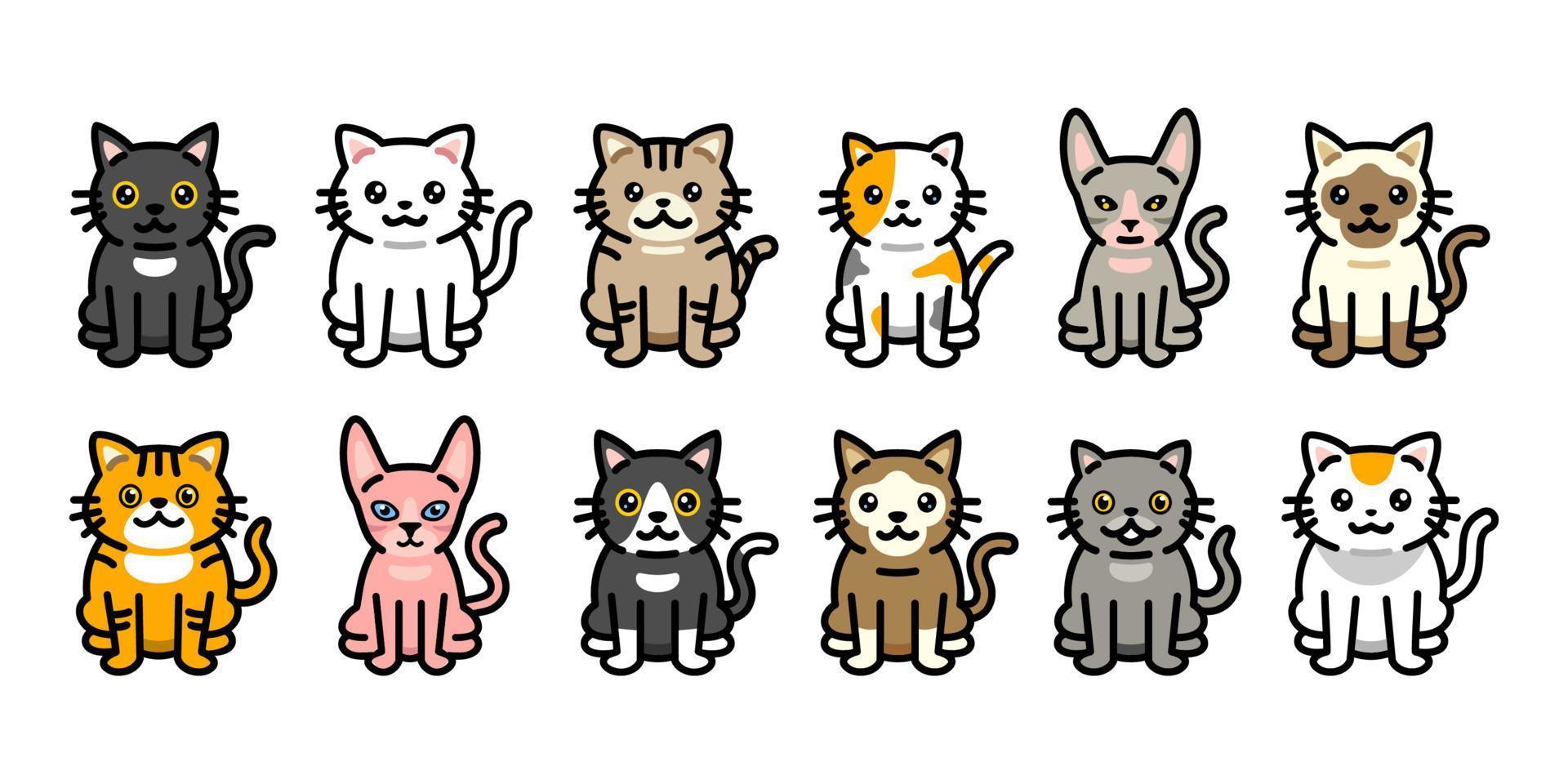 collection de vecteurs de dessin animé de races de chat. différents types de chats de dessins animés vectoriels définissent la conception d'illustration. collection d'autocollants de dessins animés d'animaux félins multiples vecteur