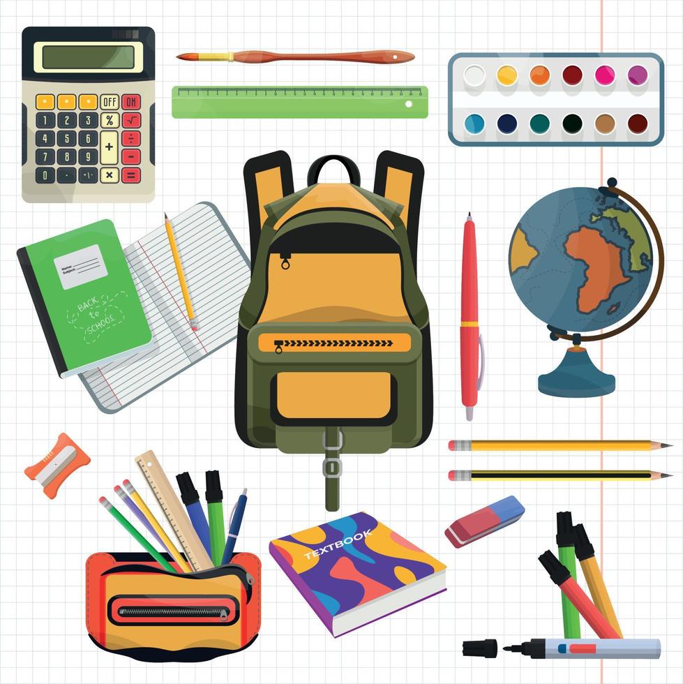 ensemble de fournitures scolaires. collections d'éléments pédagogiques. retour aux icônes de l'école. sac à dos, globe, calculatrice, stylo. illustration vectorielle plane. vecteur