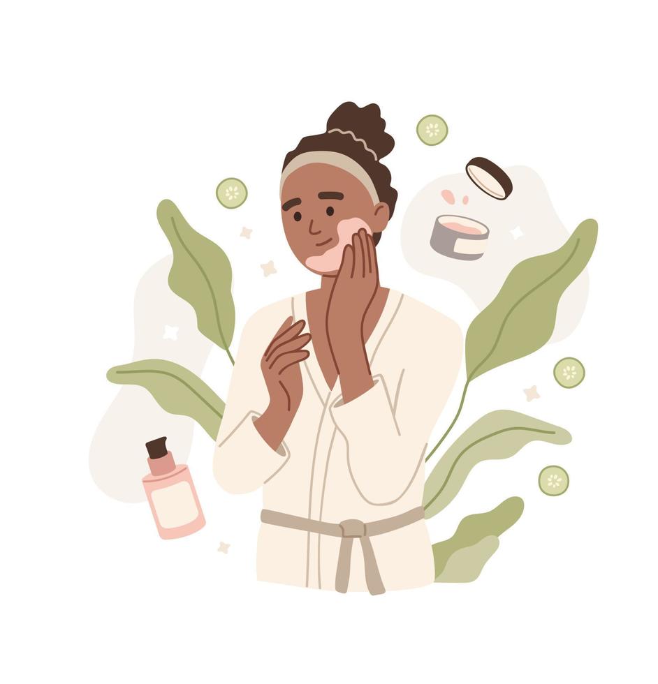 femme appliquant un masque facial. soins contre le vieillissement. soin hydratant anti-âge. salle de bains. soin de la peau, gel, crème pour le visage pour l'hydratation. beauté. illustration vectorielle plane. vecteur