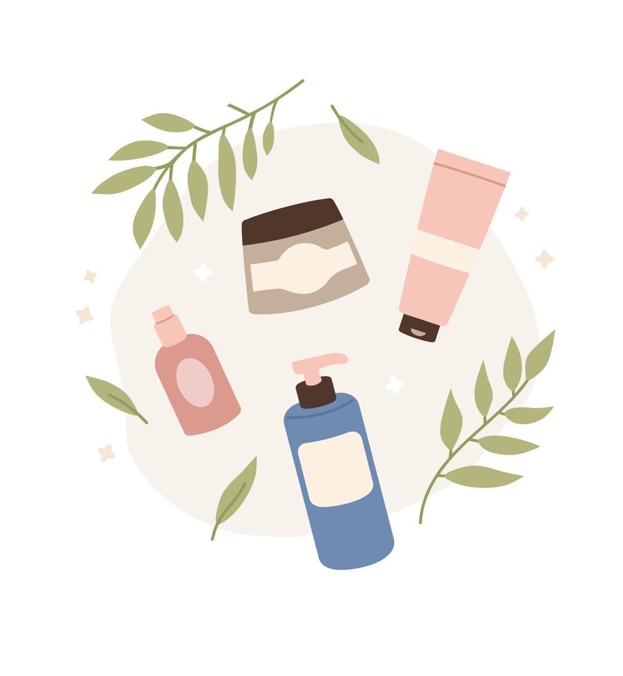 ensemble de crèmes, sprays et tubes pour les soins de la peau. icône, logo. beauté. produits nettoyants et hydratants. illustration vectorielle plane. vecteur