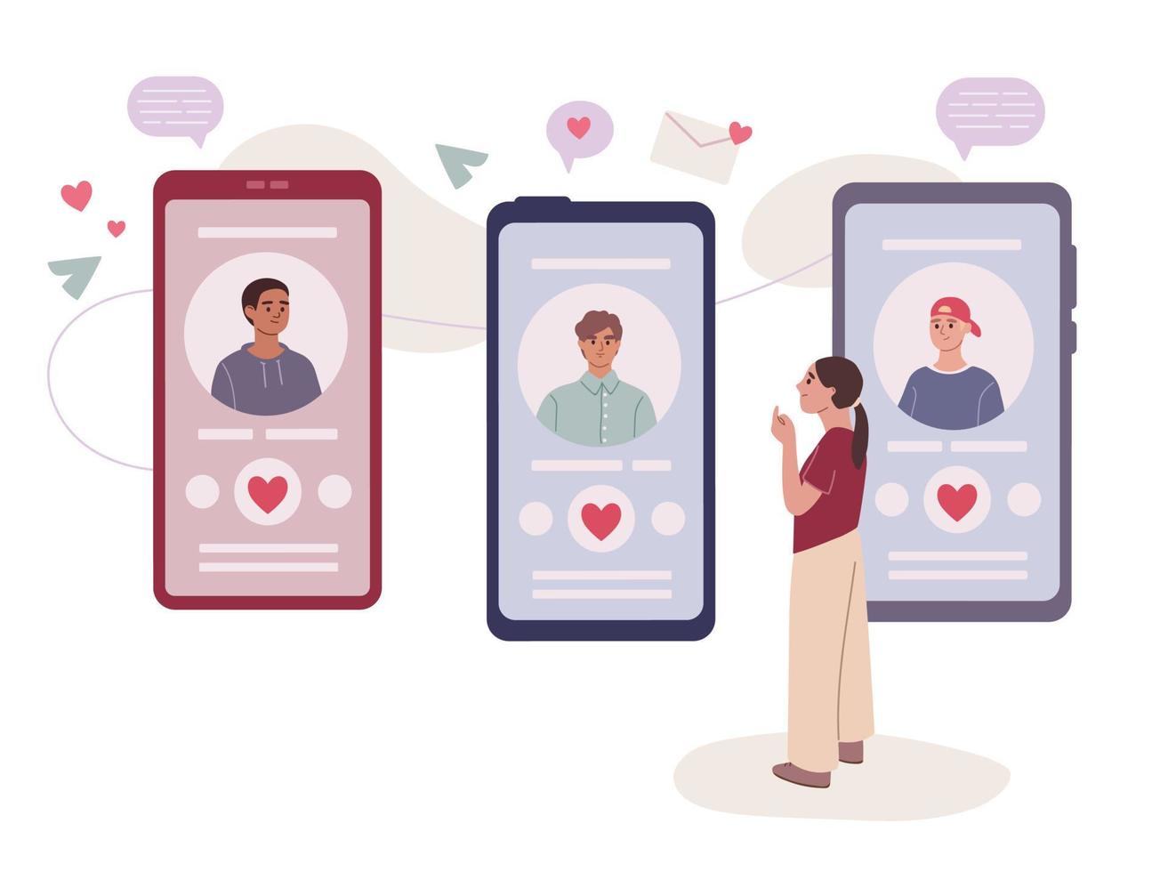 une femme célibataire regarde les profils des hommes dans l'application de rencontres en ligne. choix. communication en ligne, application de rencontres. illustration vectorielle plane. vecteur